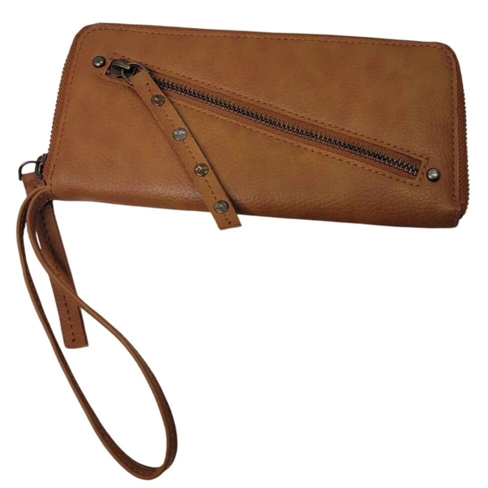 Free People Vegan‎ Leather Wallet Wristlet Brown Faux Zipper Pocket On Front